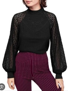 Free People Black Lace Balloon Sleeve Mock Neck Top
